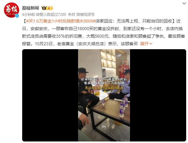 买1.6万黄金1小时后换款缩水5600：店家要求收35％的折旧费