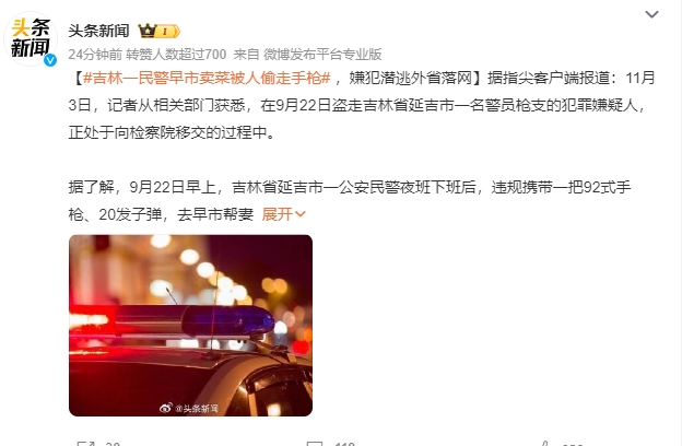 民警帮妻子卖菜时手枪被盗 已找回 嫌犯潜逃外省落网