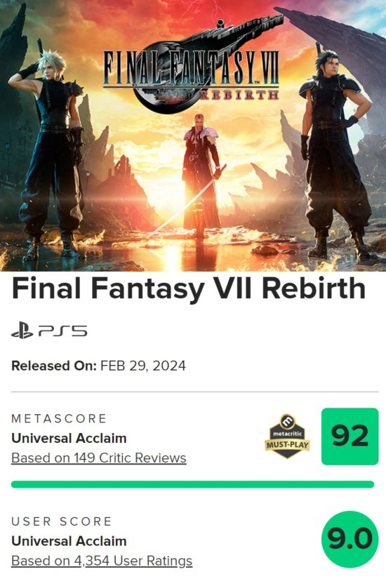 年度最佳预定 《FF7重生》仍是2024年M站评分最高