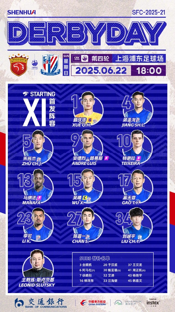 2025中国足协杯第4轮 上海海港vs上海申花 首发名单 ​​​