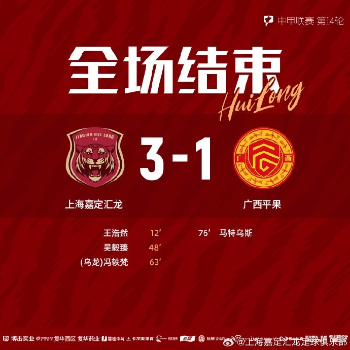 全场比赛结束，上海嘉定汇龙3-1广西平果 ​​​