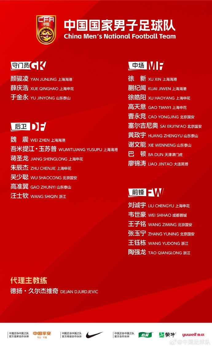 中国男足定于7月2日至16日赴大连市、韩国水原市及龙仁市集训参赛
