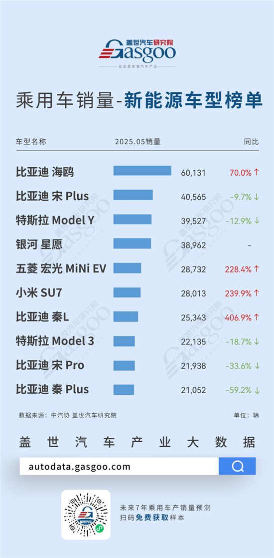 2025年5月新能源车型/燃油车型销量榜