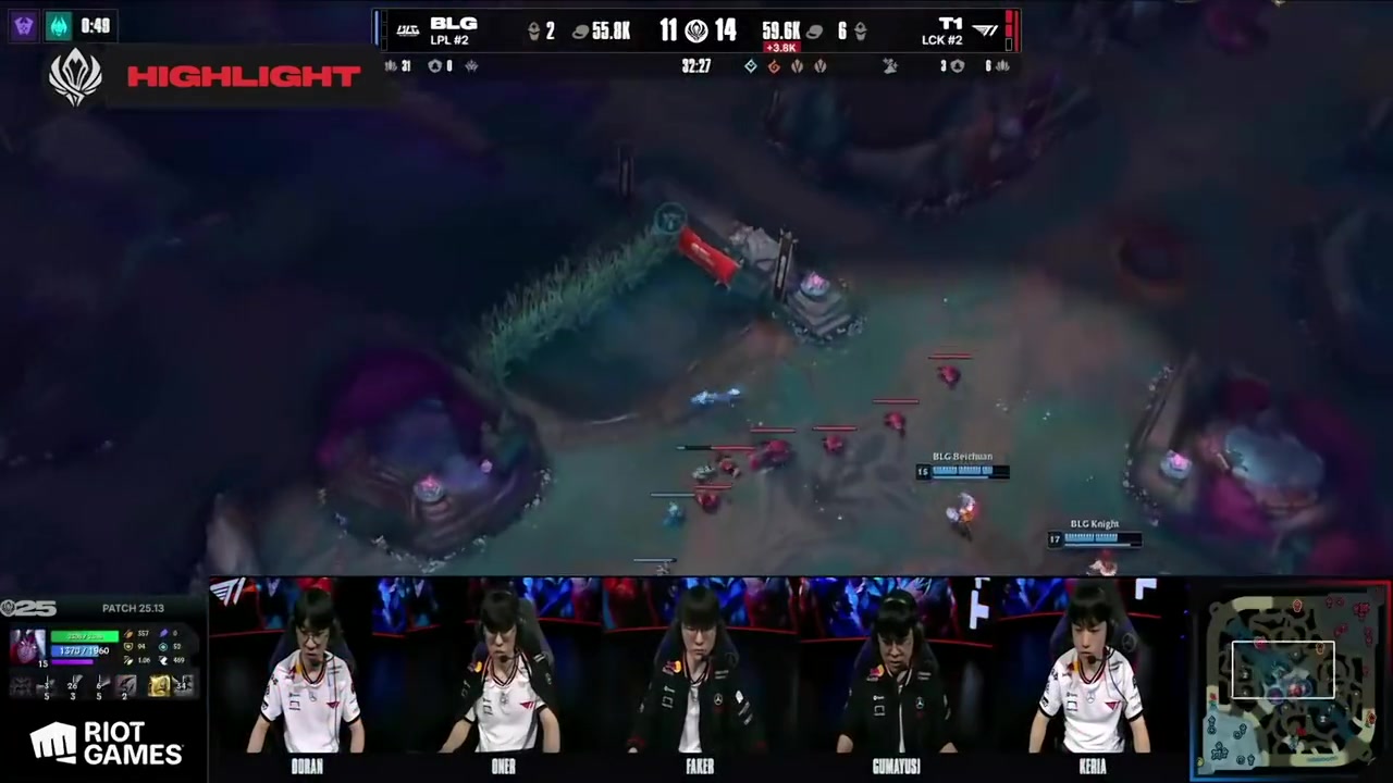 T1-BLG第三局赛事语音，Doran：躺赢了；Guma：打得很好呀