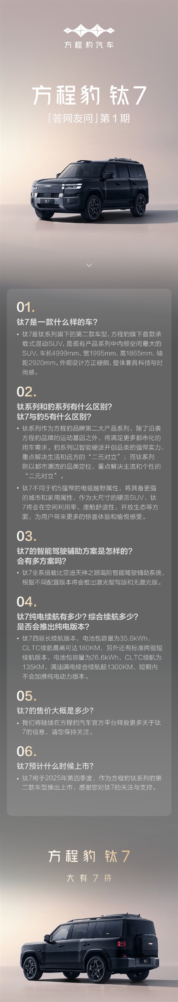弃用华为智驾 比亚迪方程豹钛7四季度上市：纯电续航180km