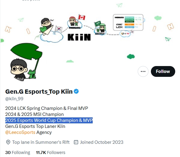 好快的加！Kiin在社媒简介栏填上了2025EWC冠军+FMVP的荣誉