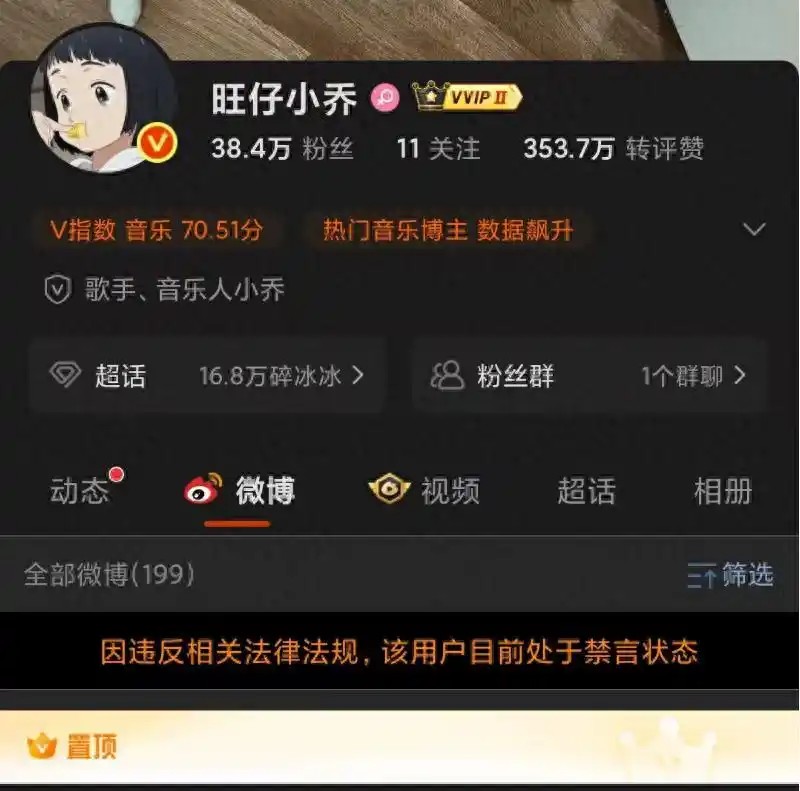 网红“旺仔小乔”微博被禁言，抖音掉粉超430万，演唱会延期引发关注