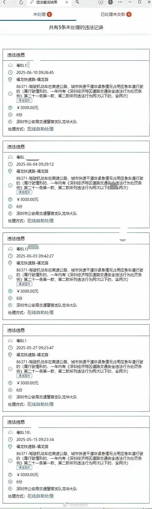 有司机在深圳20多天走5次应急车道：记30分 罚款15000元