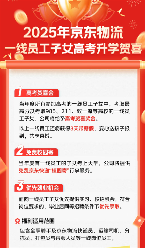 京东宣布奖励快递员等一线员工子女考上大学：发钱、优先就业