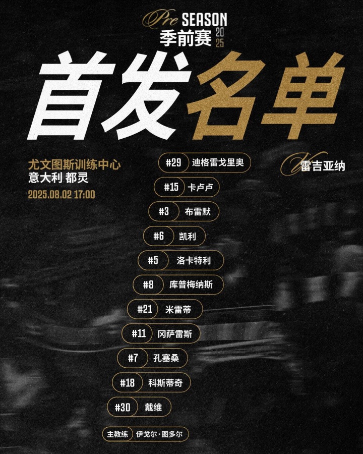 尤文vs雷吉亚纳首发：洛卡特利领衔，戴维迎首秀，布雷默首发出战