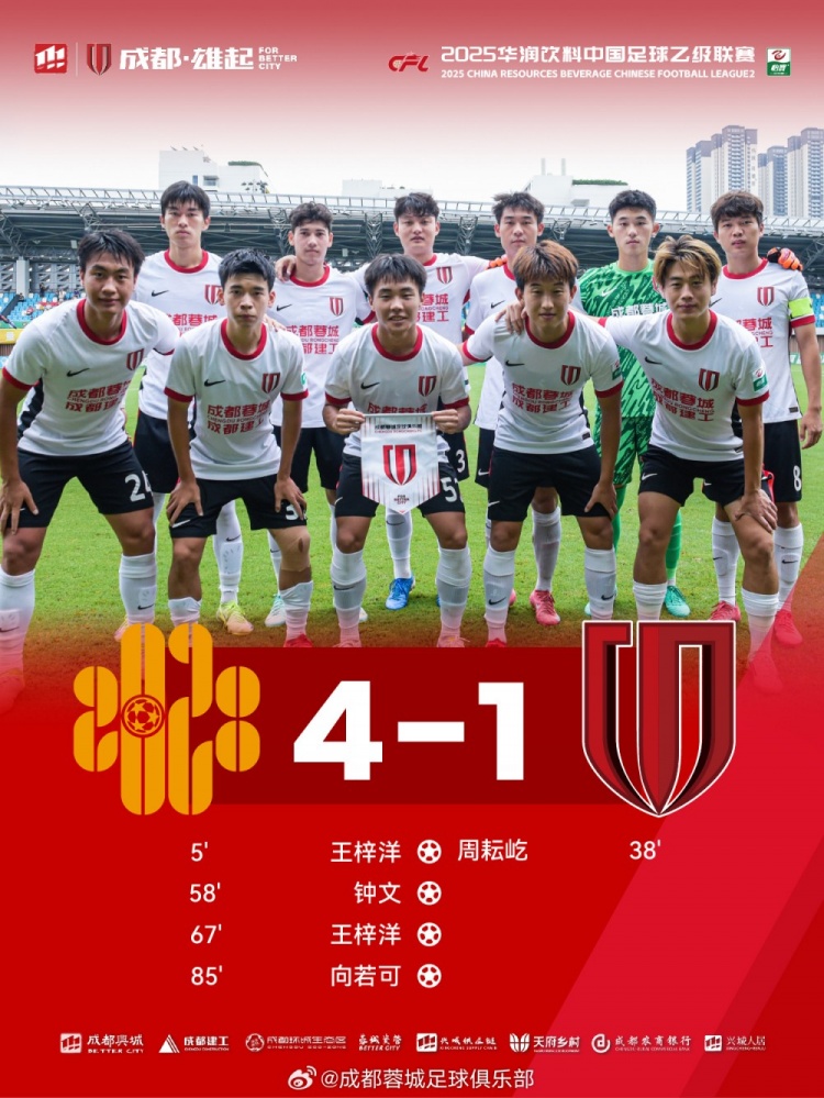 中乙联赛第22轮：成都蓉城B队1-4深圳二零二八