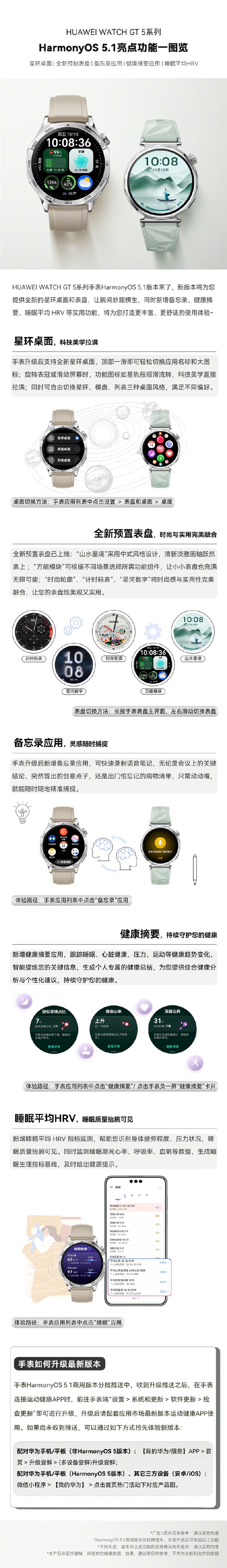 一图了解华为WATCH GT 5系列鸿蒙5.1升级：新增星环桌面、健康摘要