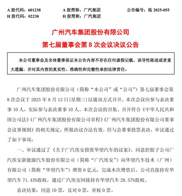 广汽集团同意埃安向华望汽车增资6亿元 联合华为打造独立高端汽车新品牌
