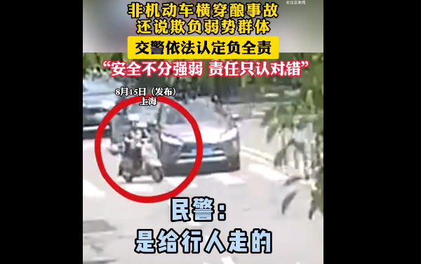 女子骑电动车横穿酿事故被判全责 称欺负弱势群体：官方无视