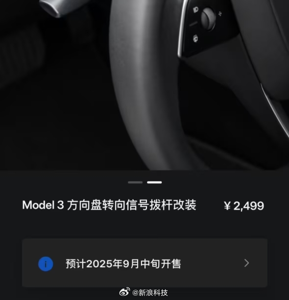 特斯拉Model 3已标配转向灯拨杆 老车主加装收费2499元