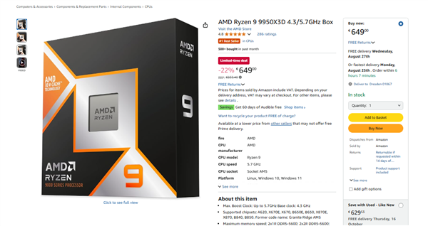 AMD最强X3D处理器！德国锐龙9 9950X3D价格跌至历史最低点：暴降20%