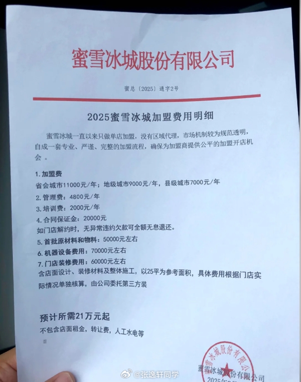 蜜雪冰城回应加盟费：预开店投资21万起 不含房租、转让费等