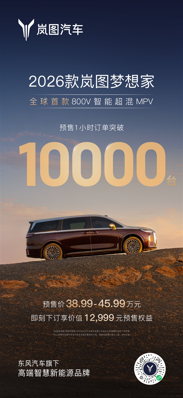 全球首款800V智能超混MPV！2026款岚图梦想家预售1小时订单破万