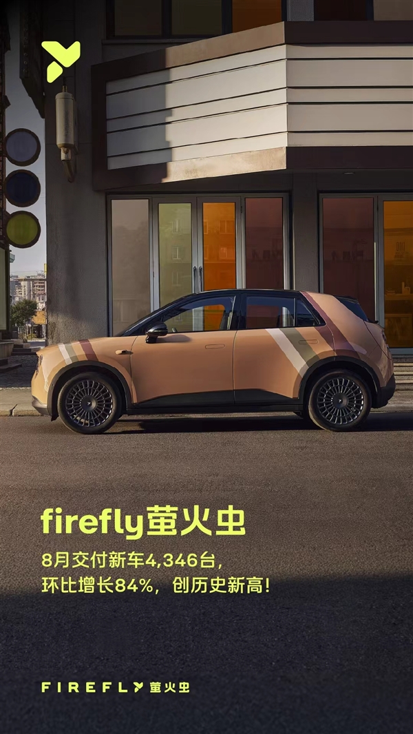 高端纯电小车TOP1!firefly萤火虫8月交付4346辆 环比增长84%