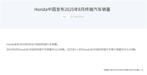 销量仅剩比亚迪1/7!本田中国8月销量53339辆 同比下滑6.36%
