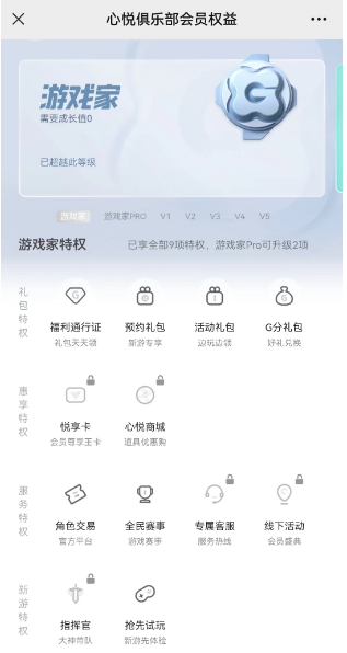 心悦俱乐部会员等级界面