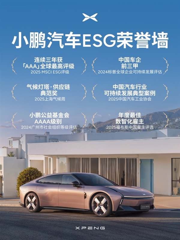 小鹏汽车连续三年获MSCI ESG评级“AAA”全球最高评级