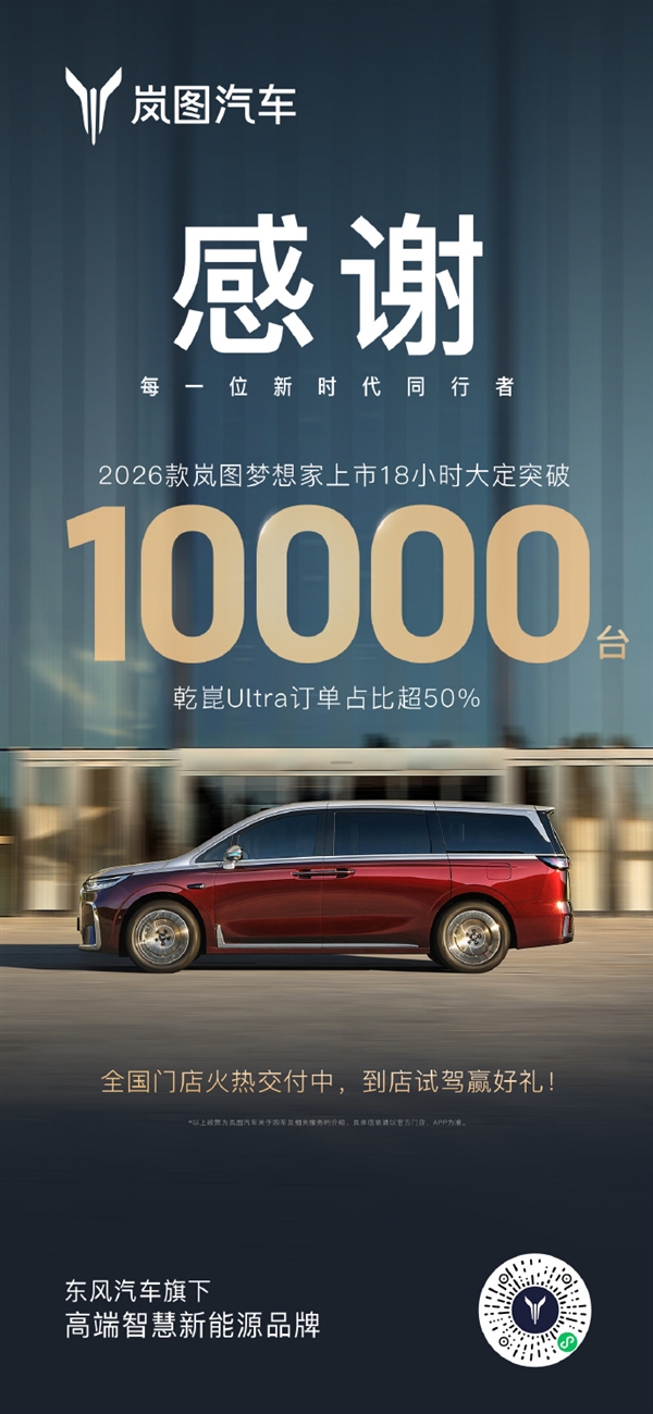 2026款岚图梦想家上市18小时大定破万!全球首款800V智能超混MPV