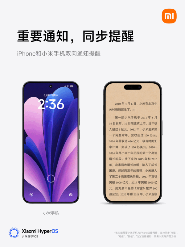 小米互联服务2.1版本发布：小米手机可接收iPhone通知提醒