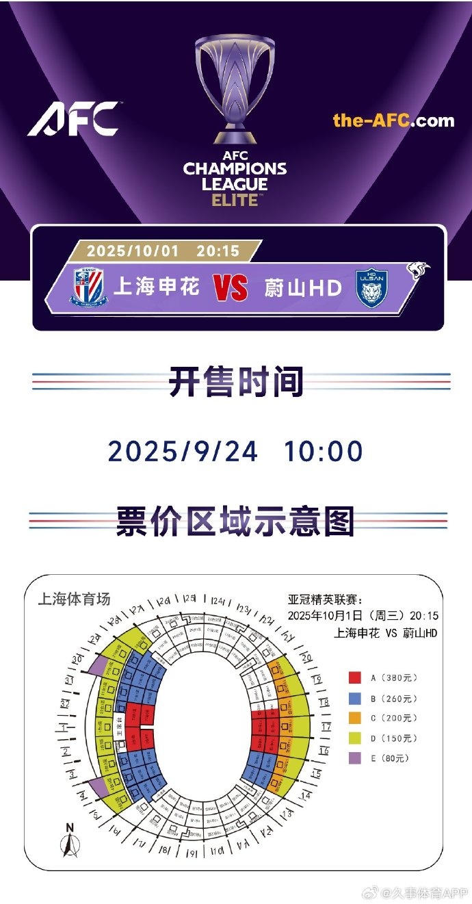 申花vs蔚山票务方案：明天10点开票，80元至380元五个档位