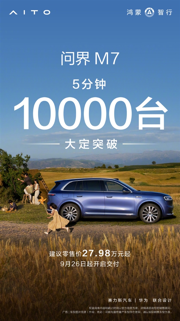 全新问界M7上市即火爆：5分钟大定突破10000台