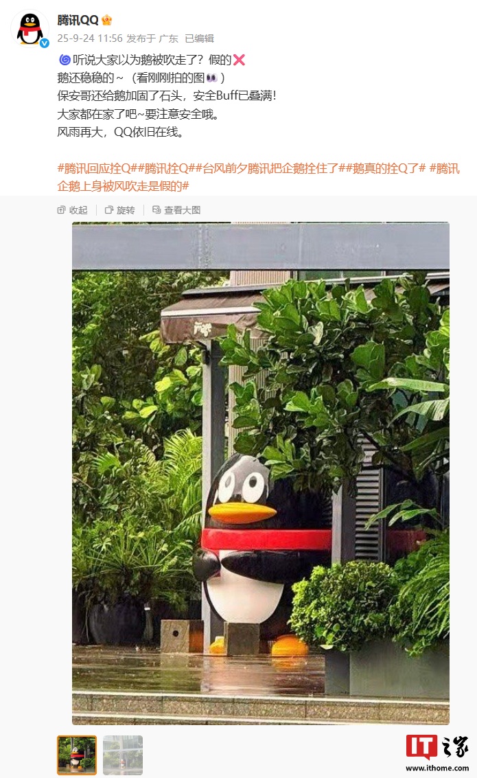 腾讯 QQ 辟谣企鹅雕像上身被风吹走：假的，保安哥还给鹅加固了石头，安全 Buff 已叠满