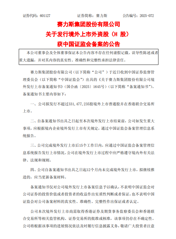赛力斯获证监会备案拟港股上市 A股盘中涨停创历史新高