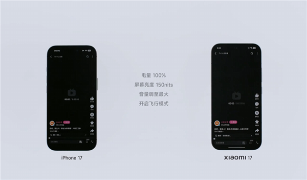 小米17续航实测对比：iPhone 17+充电宝耗关机 小米17还剩26%