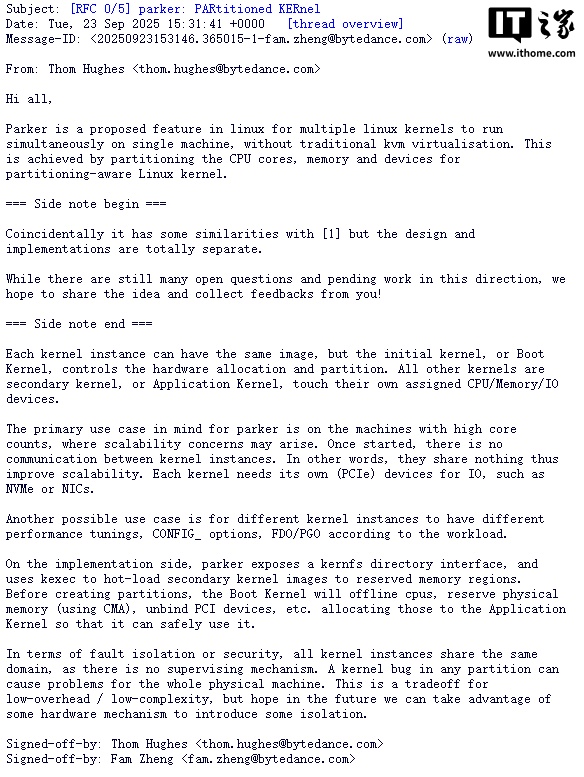 字节跳动工程师提出 Linux 多内核方案 Parker，实现无虚拟化多系统并行