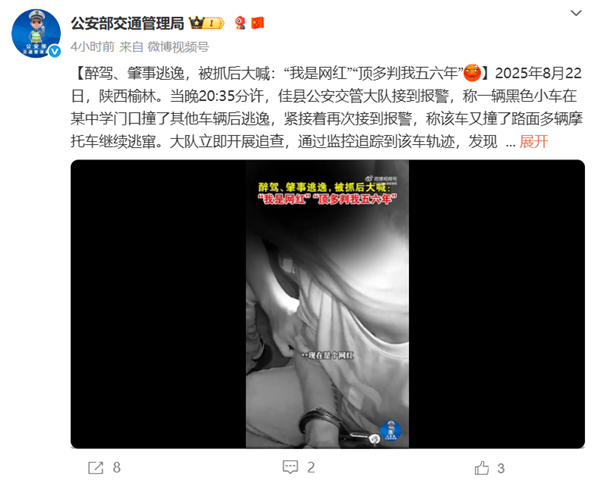 男子驾奥迪醉驾、肇事逃逸 被抓后大喊：“我是网红”