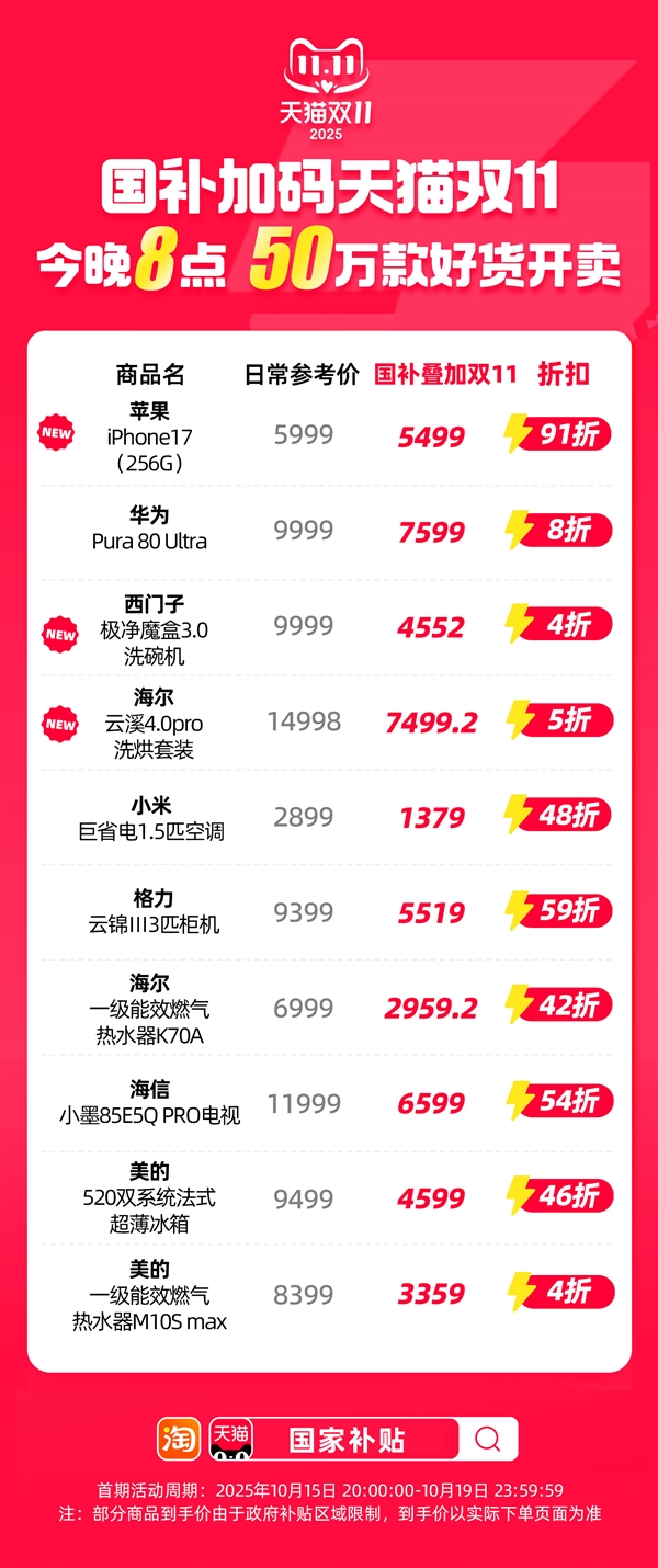 第四波国补资金来了！今晚8点 天猫双11叠加国补5折开卖