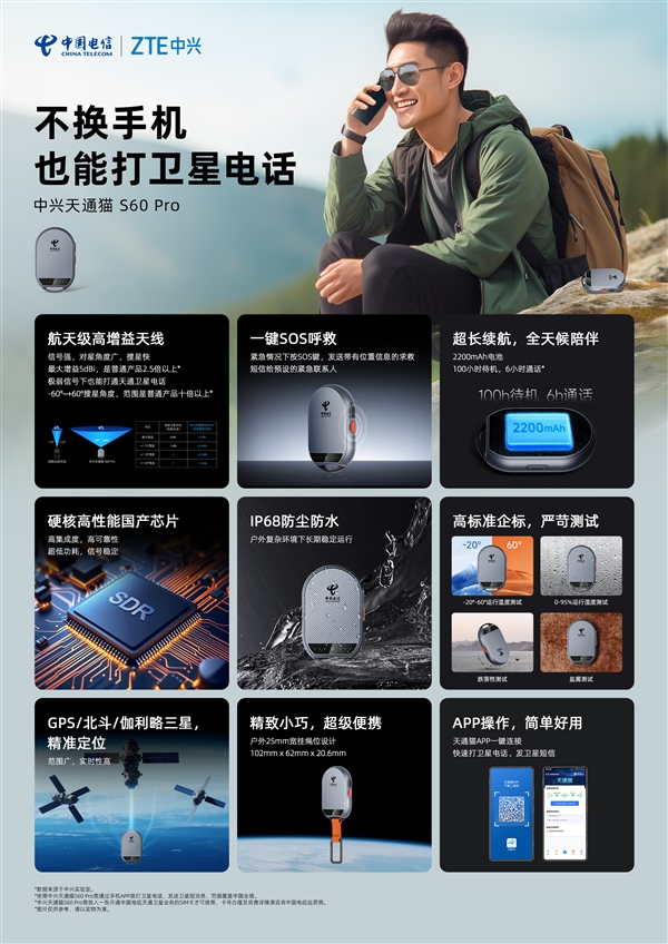 1239元让所有手机支持卫星电话！中兴卫星通S60 Pro发布：覆盖北斗+天通