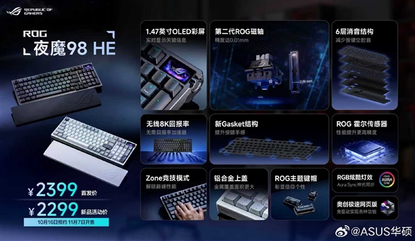 2299元！ROG夜魔98 HE无线键盘发布：HFX V2磁轴、OLED彩屏