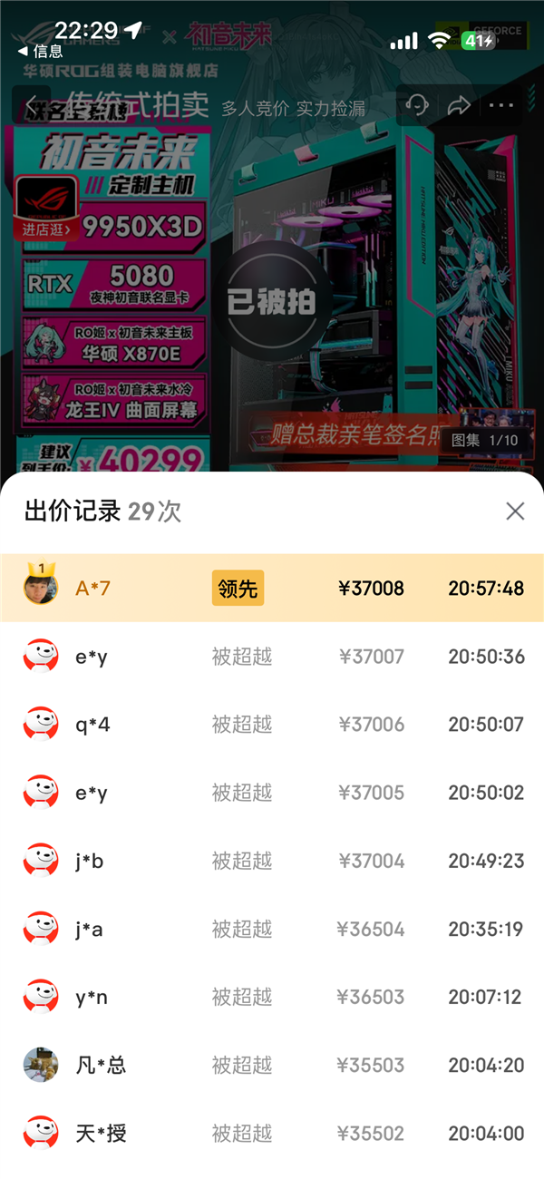 49999元ROG×初音未来联名主机被37008元拍下 2.6万人围观