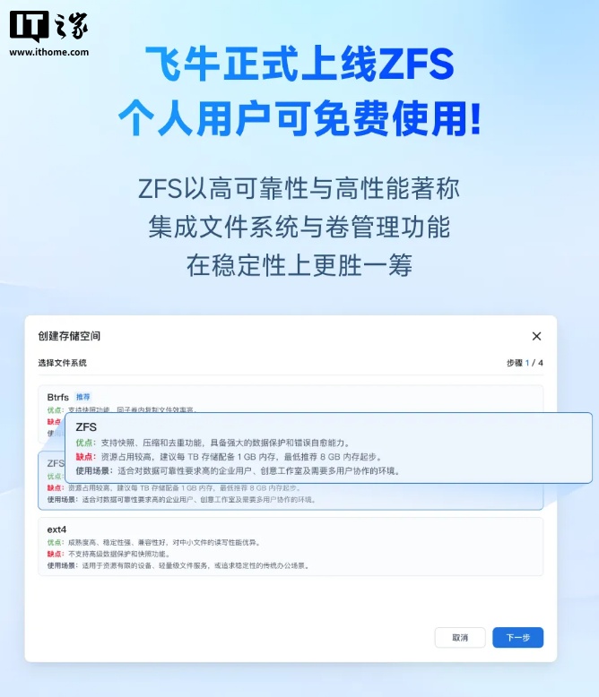 国产 NAS 系统飞牛 fnOS 新增 ZFS 文件系统，个人用户可免费使用
