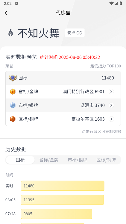 代练猫app战力查询结果界面