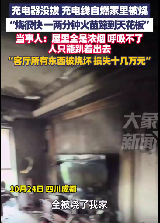 充电器没拔家被烧 电视被烧爆 当事人:损失十几万