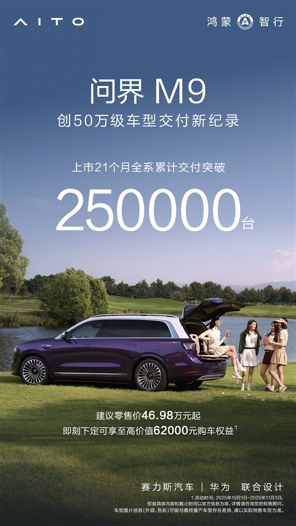 百万鸿蒙智行里独占四分之一!问界M9累计交付超25万台