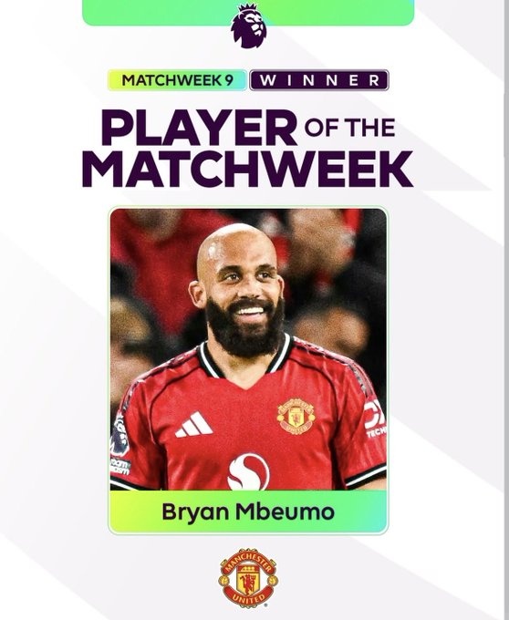 梅开二度率队取胜!官方:曼联前锋姆伯莫当选第9轮英超最佳球员