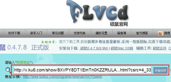 在此处硕鼠官网【粘贴】刚才的地址，点击【开始GO！】