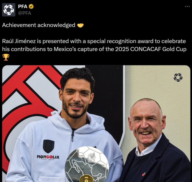 带墨西哥赢得金杯赛!官方:34岁中锋希门尼斯获PFA特别表彰奖