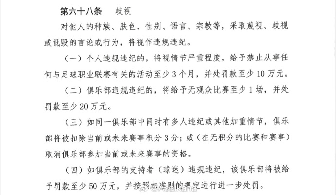 球迷有歧视行为的，若证据确凿，其所支持俱乐部将至少被罚款50万