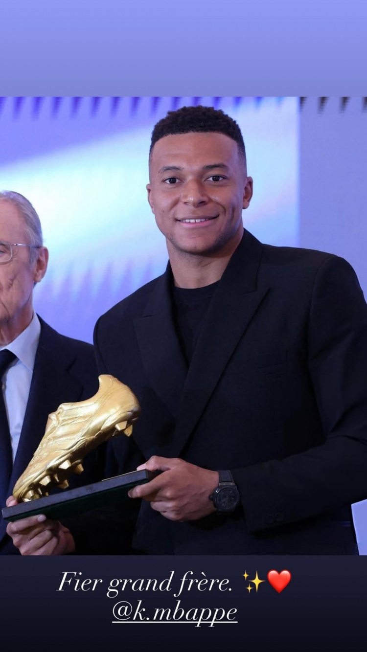 榜样！伊桑-姆巴佩祝贺哥哥领取欧洲金靴奖：为你骄傲