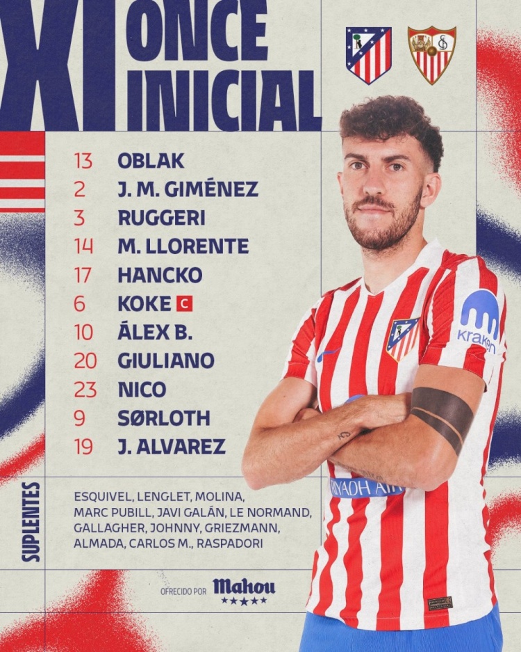 马竞vs塞维首发:小蜘蛛、巴埃纳先发 瑟尔洛特、朱利亚诺出战