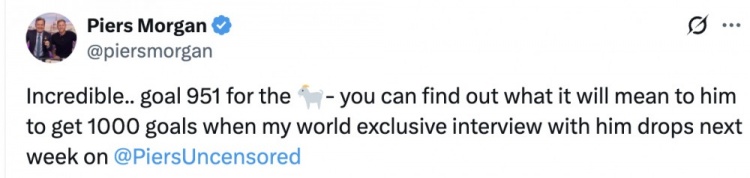 摩根社媒称赞C罗：太不可思议了……GOAT打进了第951个进球！